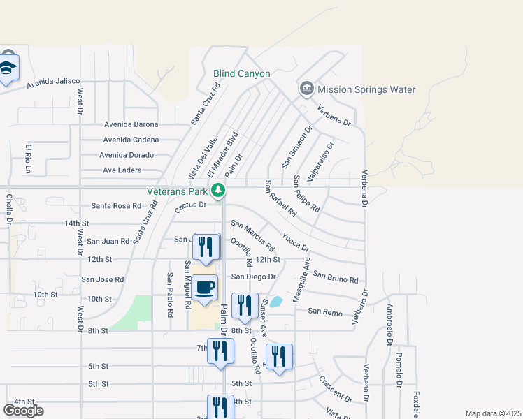 map of restaurants, bars, coffee shops, grocery stores, and more near 66580 Yucca Drive in Desert Hot Springs