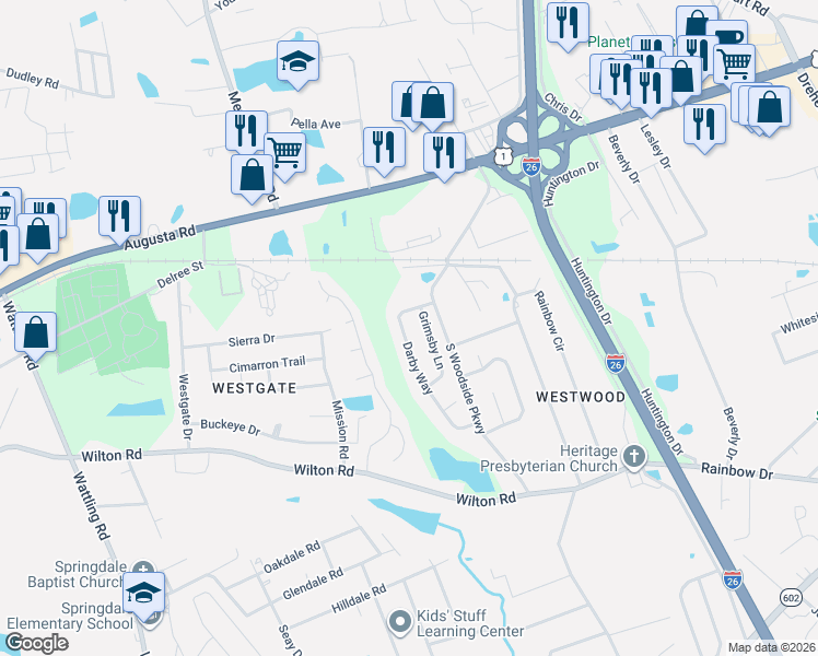 map of restaurants, bars, coffee shops, grocery stores, and more near 128 Darby Way in West Columbia