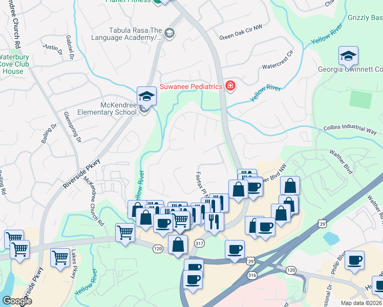 map of restaurants, bars, coffee shops, grocery stores, and more near 640 Dartmouth Court Northwest in Lawrenceville