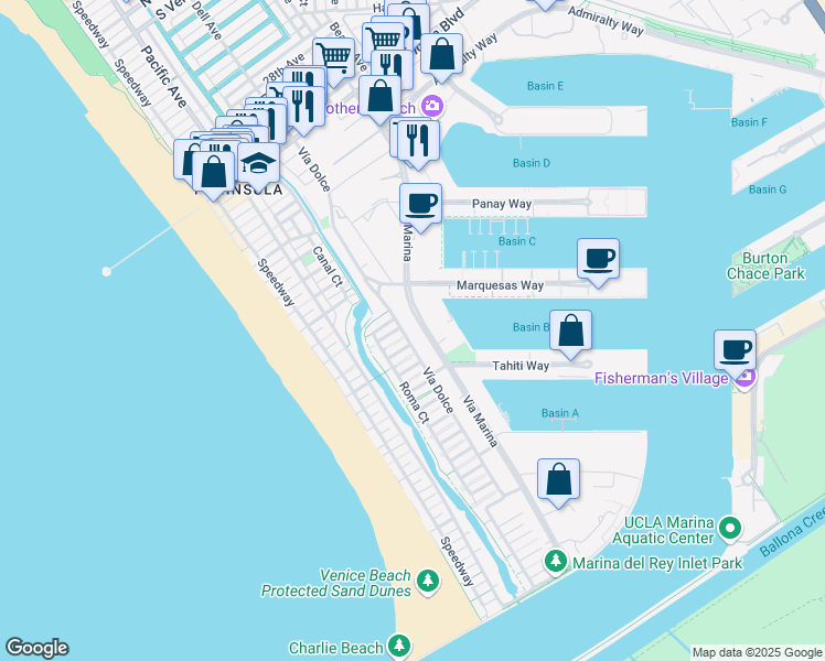 map of restaurants, bars, coffee shops, grocery stores, and more near 4300 Via Dolce in Marina del Rey