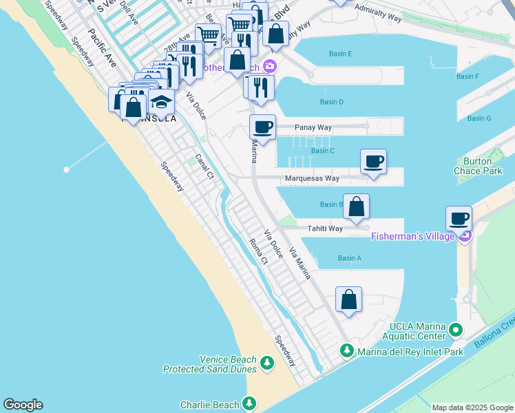 map of restaurants, bars, coffee shops, grocery stores, and more near 4250 Via Dolce in Marina del Rey