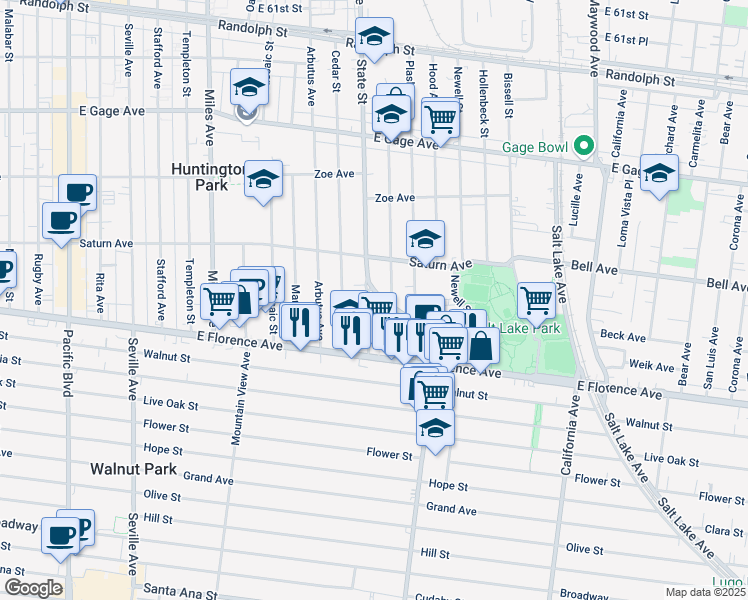 map of restaurants, bars, coffee shops, grocery stores, and more near 7016 Mission Place in Huntington Park