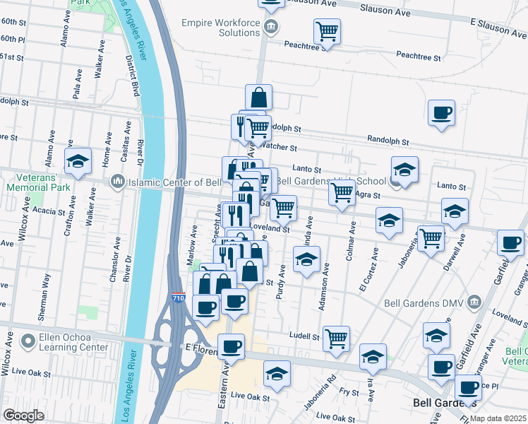 map of restaurants, bars, coffee shops, grocery stores, and more near 6411 Ajax Avenue in Bell Gardens
