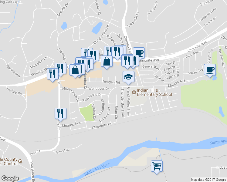 map of restaurants, bars, coffee shops, grocery stores, and more near 7848 Linares Avenue in Riverside