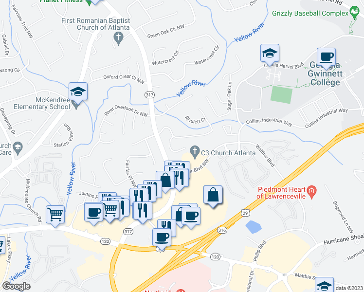 map of restaurants, bars, coffee shops, grocery stores, and more near 925 Twin Brook Court Northeast in Lawrenceville