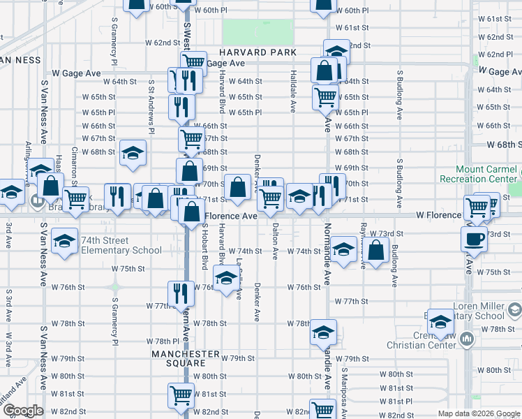 map of restaurants, bars, coffee shops, grocery stores, and more near 7112 South Denker Avenue in Los Angeles