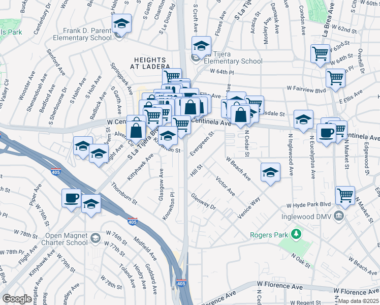 map of restaurants, bars, coffee shops, grocery stores, and more near 6920 South La Cienega Boulevard in Inglewood