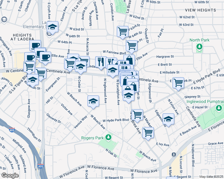 map of restaurants, bars, coffee shops, grocery stores, and more near 221 West Plymouth Street in Inglewood