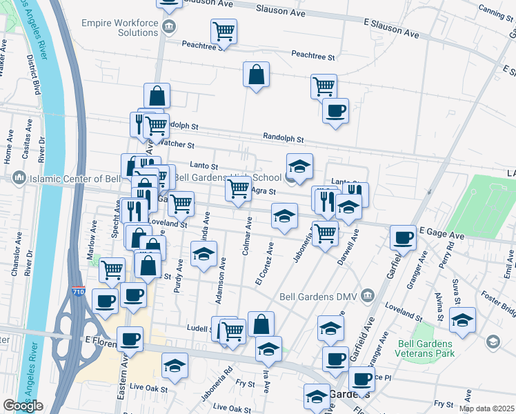 map of restaurants, bars, coffee shops, grocery stores, and more near 6011 East Gage Avenue in Bell Gardens
