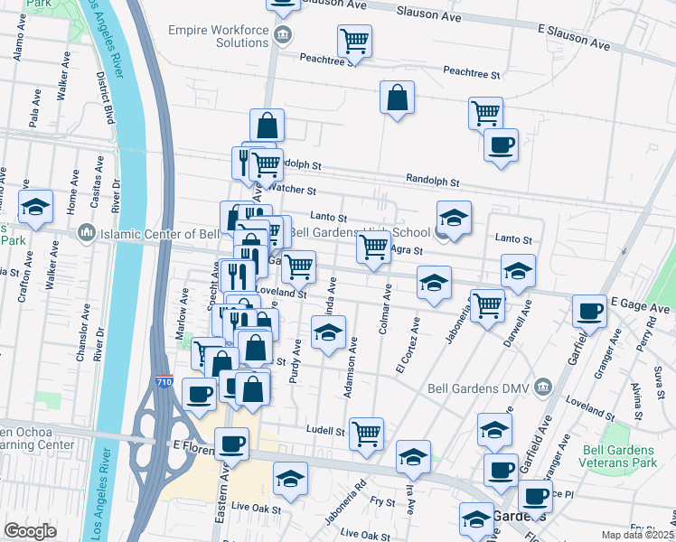 map of restaurants, bars, coffee shops, grocery stores, and more near 5906 East Gage Avenue in Bell Gardens