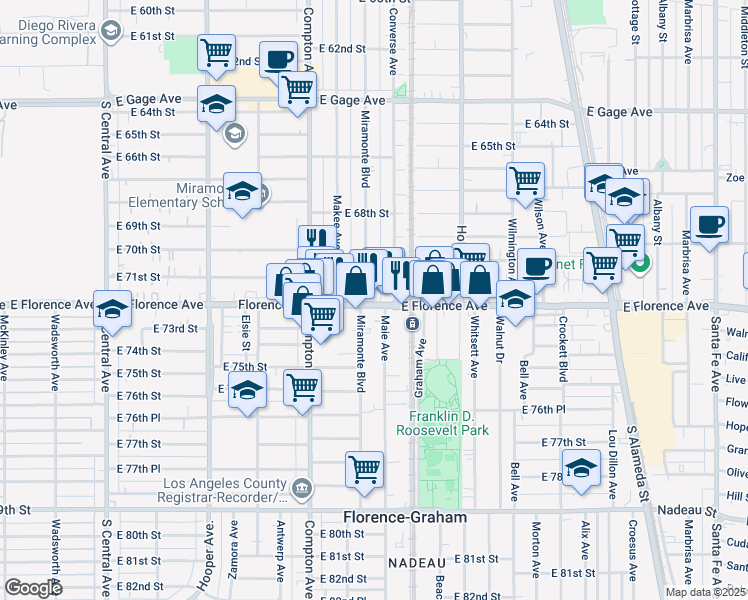 map of restaurants, bars, coffee shops, grocery stores, and more near 1607 East Florence Avenue in Los Angeles