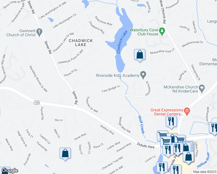 map of restaurants, bars, coffee shops, grocery stores, and more near 1500 Twin Bridge Lane in Lawrenceville