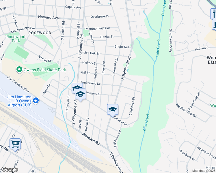 map of restaurants, bars, coffee shops, grocery stores, and more near 3928 Timberlane Drive in Columbia