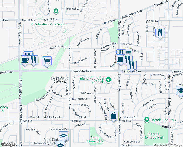 map of restaurants, bars, coffee shops, grocery stores, and more near 6205 Arcadia Street in Corona