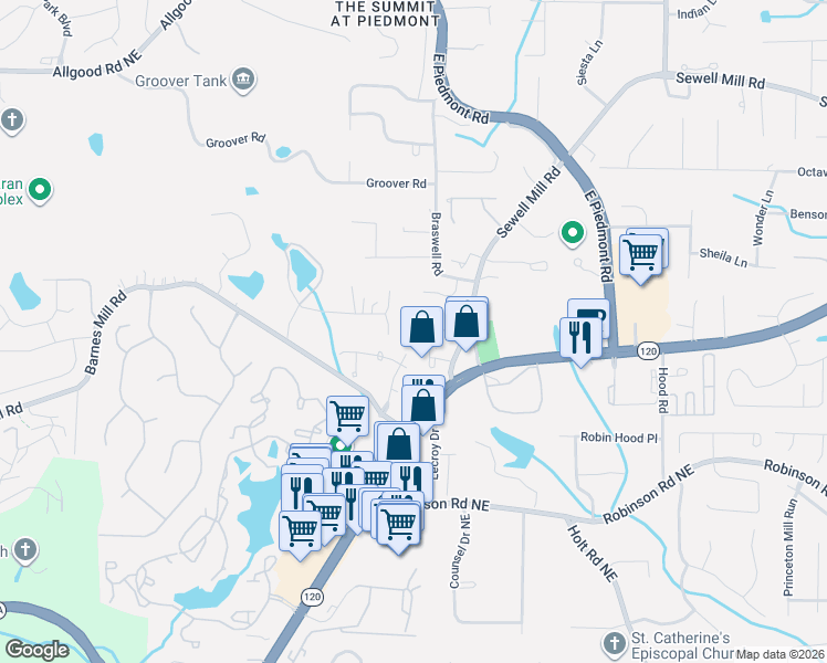 map of restaurants, bars, coffee shops, grocery stores, and more near 2264 Haman Northeast Lane in Marietta