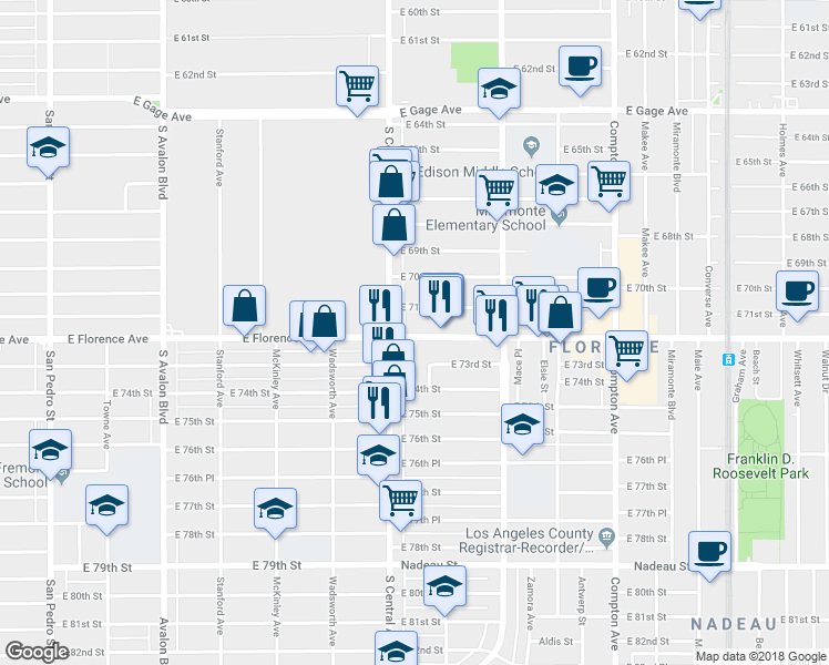 map of restaurants, bars, coffee shops, grocery stores, and more near 1131 East Florence Avenue in Los Angeles