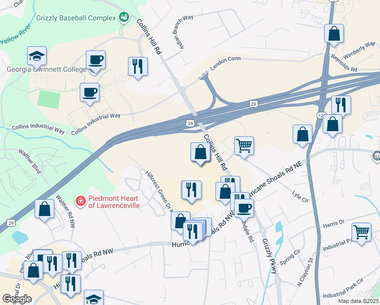 map of restaurants, bars, coffee shops, grocery stores, and more near 742 Collins Hill Rd in Lawrenceville