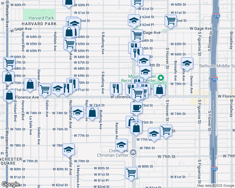 map of restaurants, bars, coffee shops, grocery stores, and more near 1101 West Florence Avenue in Los Angeles