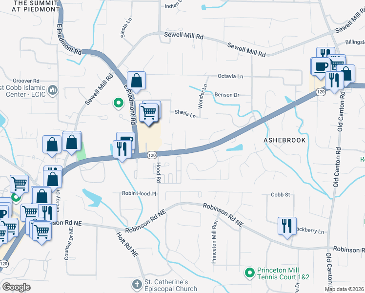 map of restaurants, bars, coffee shops, grocery stores, and more near 1039 Sterling Ridge Chase Northeast in Marietta