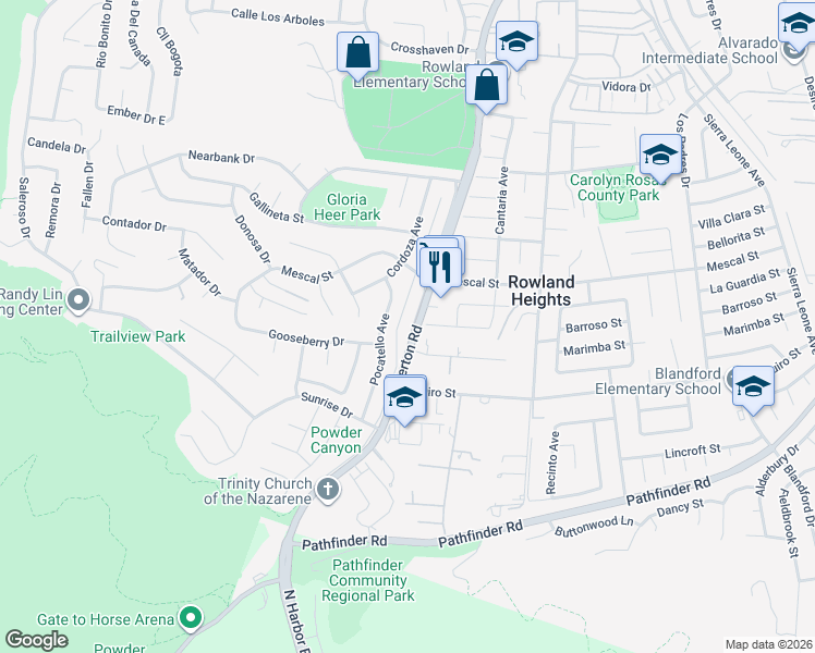 map of restaurants, bars, coffee shops, grocery stores, and more near 2459 Fullerton Road in La Puente