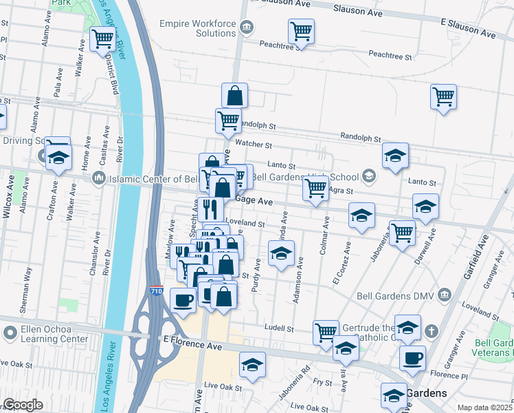 map of restaurants, bars, coffee shops, grocery stores, and more near 5822 Gage Avenue in Bell Gardens
