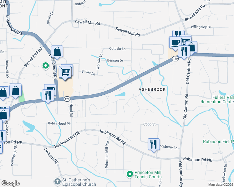 map of restaurants, bars, coffee shops, grocery stores, and more near 2812 Jamont Court in Marietta