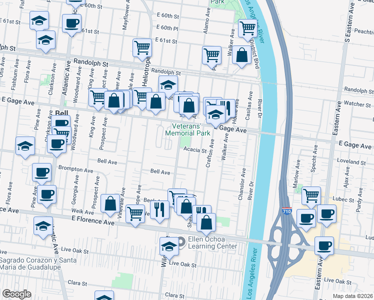 map of restaurants, bars, coffee shops, grocery stores, and more near 6607 Alamo Avenue in Bell