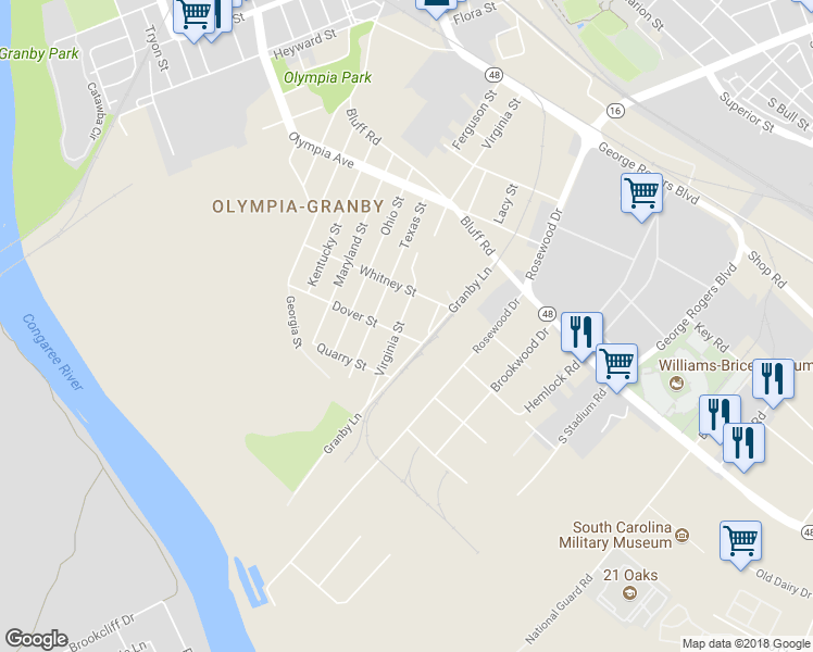 map of restaurants, bars, coffee shops, grocery stores, and more near 350 Virginia Street in Columbia
