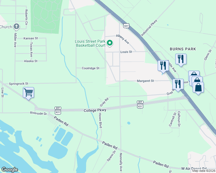 map of restaurants, bars, coffee shops, grocery stores, and more near 140 Sunset Cir in Gadsden