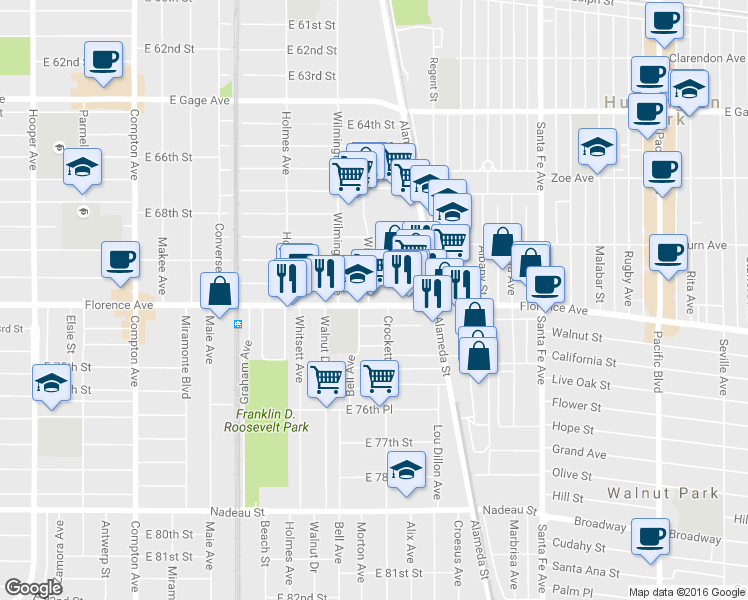map of restaurants, bars, coffee shops, grocery stores, and more near 1957 East Florence Avenue in Los Angeles