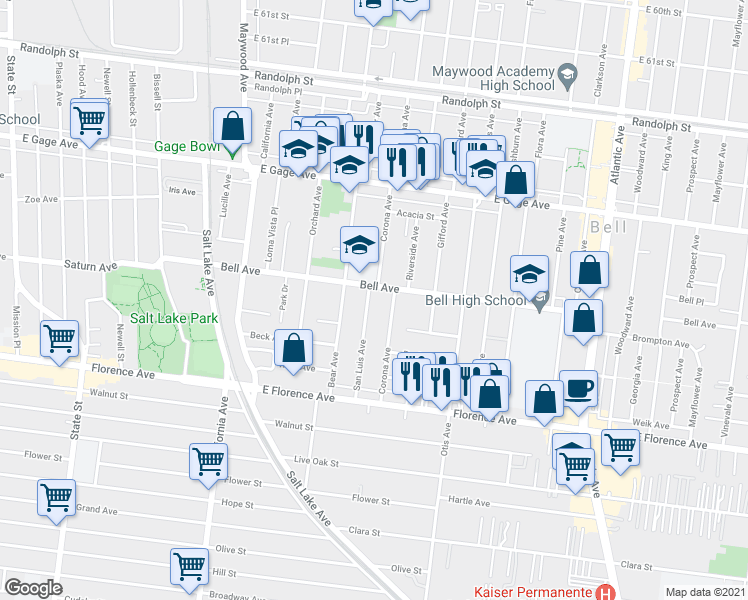 map of restaurants, bars, coffee shops, grocery stores, and more near 6814 San Luis Avenue in Bell