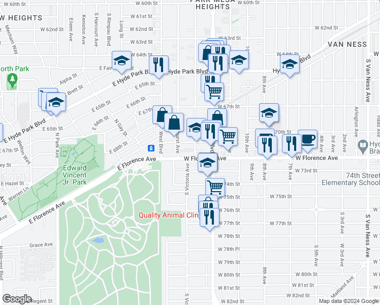 map of restaurants, bars, coffee shops, grocery stores, and more near 3519 West Florence Avenue in Los Angeles
