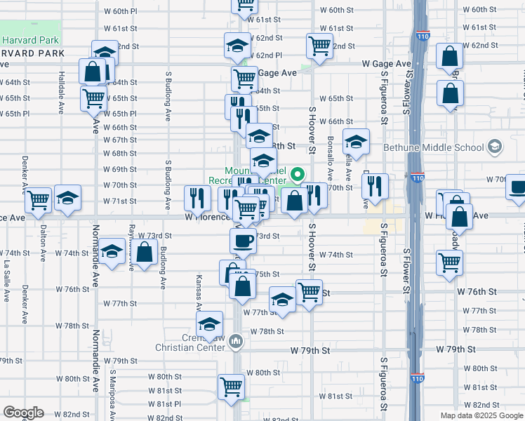 map of restaurants, bars, coffee shops, grocery stores, and more near 923 West Florence Avenue in Los Angeles