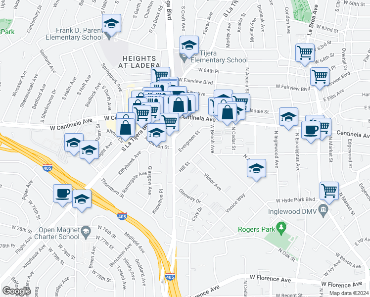 map of restaurants, bars, coffee shops, grocery stores, and more near 544 Evergreen Street in Inglewood