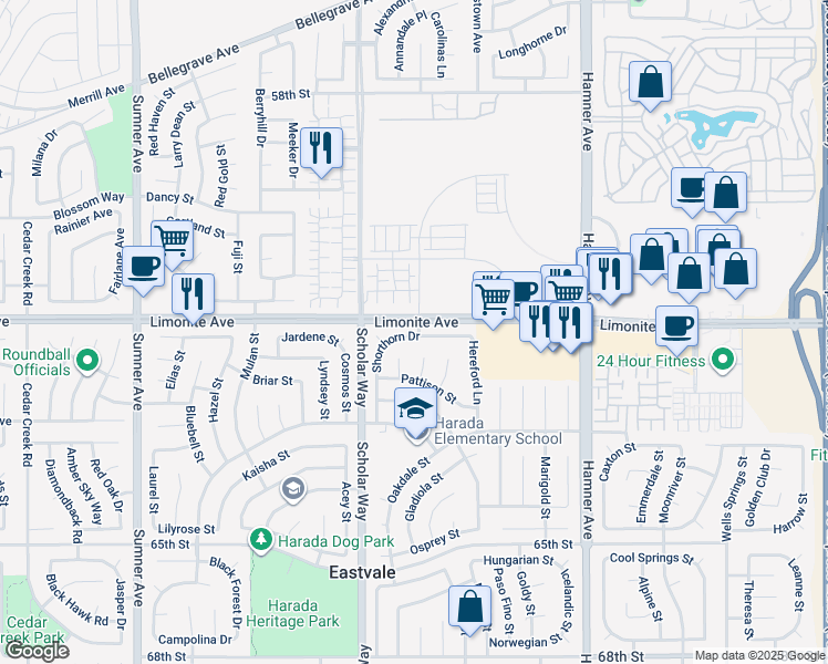 map of restaurants, bars, coffee shops, grocery stores, and more near 12906 Shorthorn Drive in Eastvale