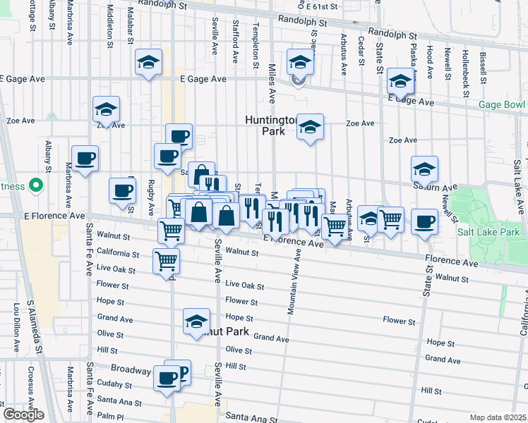 map of restaurants, bars, coffee shops, grocery stores, and more near 7028 Templeton St in Huntington Park