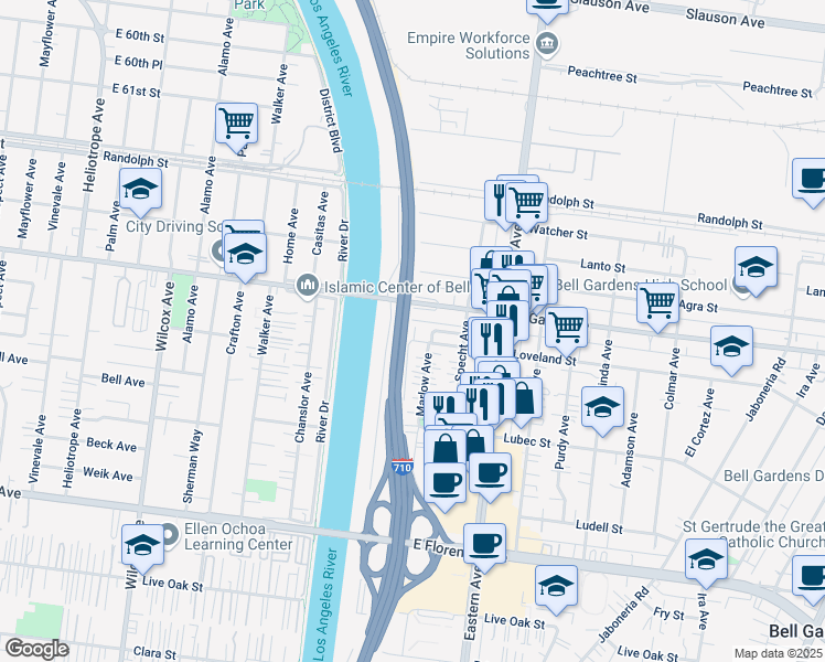 map of restaurants, bars, coffee shops, grocery stores, and more near 5505 Loveland Street in Bell Gardens