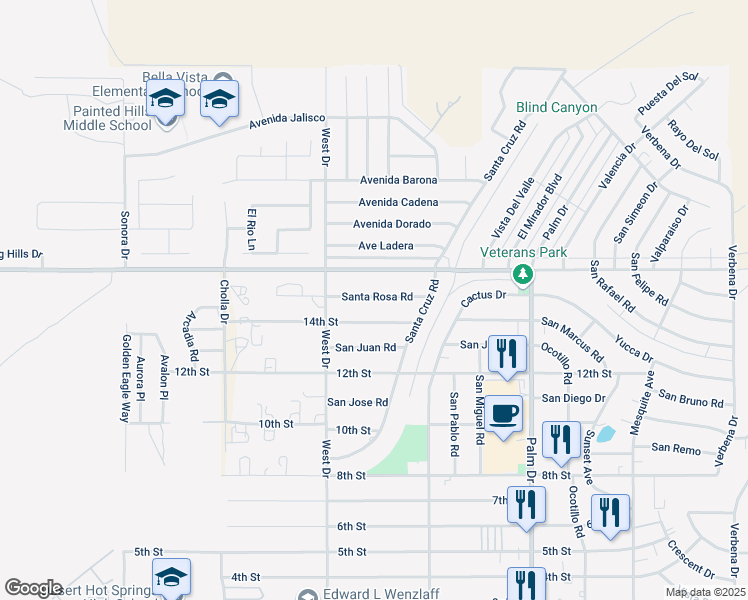 map of restaurants, bars, coffee shops, grocery stores, and more near 66089 Santa Rosa Road in Desert Hot Springs