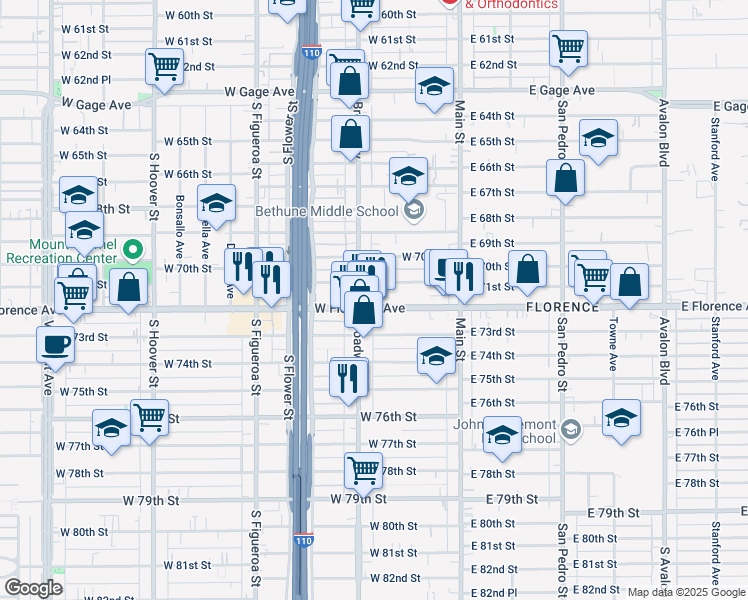 map of restaurants, bars, coffee shops, grocery stores, and more near 247 West Florence Avenue in Los Angeles