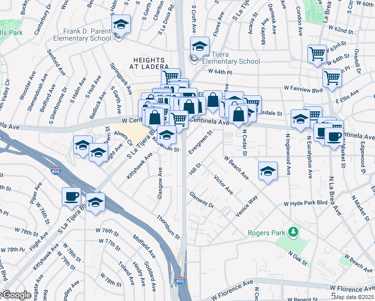 map of restaurants, bars, coffee shops, grocery stores, and more near 6920 South La Cienega Boulevard in Inglewood