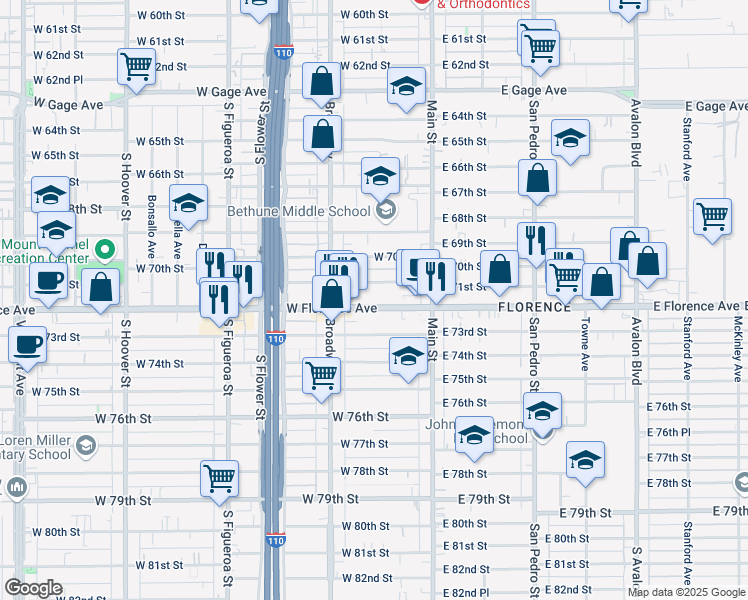 map of restaurants, bars, coffee shops, grocery stores, and more near 207 West Florence Avenue in Los Angeles