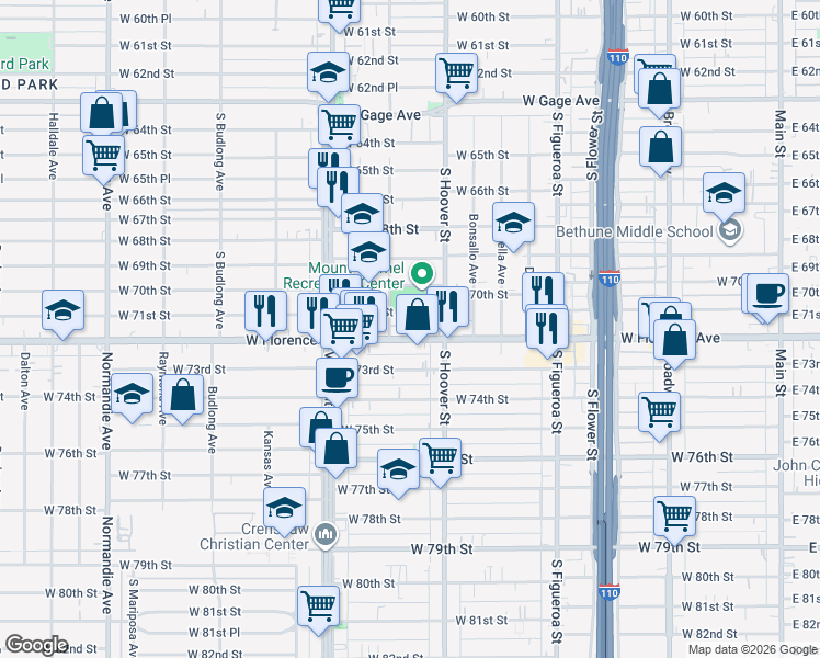map of restaurants, bars, coffee shops, grocery stores, and more near 837 West Florence Avenue in Los Angeles
