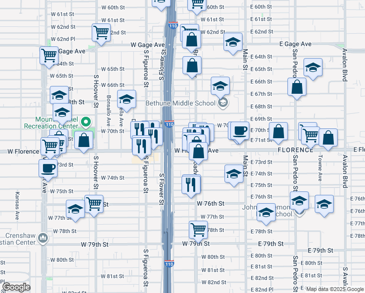 map of restaurants, bars, coffee shops, grocery stores, and more near 331 West Florence Avenue in Los Angeles
