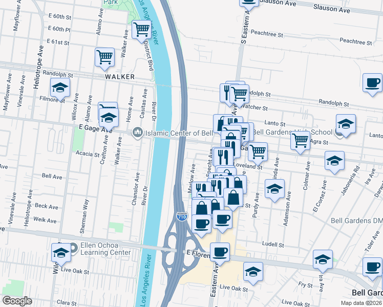 map of restaurants, bars, coffee shops, grocery stores, and more near 5521 Loveland Street in Bell Gardens