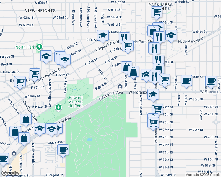 map of restaurants, bars, coffee shops, grocery stores, and more near East Redondo Boulevard in Inglewood