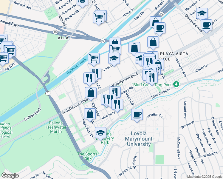map of restaurants, bars, coffee shops, grocery stores, and more near 12975 Agustin Place in Los Angeles
