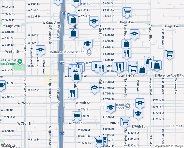 map of restaurants, bars, coffee shops, grocery stores, and more near 139 West Florence Avenue in Los Angeles