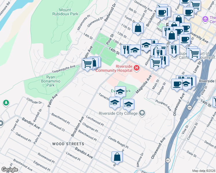 map of restaurants, bars, coffee shops, grocery stores, and more near 4674 Norton Place in Riverside