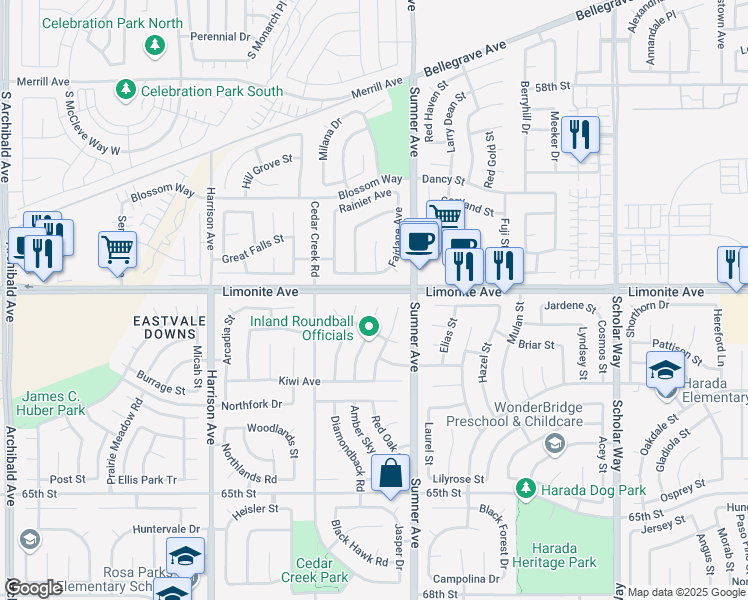 map of restaurants, bars, coffee shops, grocery stores, and more near 6213 Plum Avenue in Corona