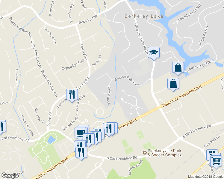 map of restaurants, bars, coffee shops, grocery stores, and more near 3393 Glen Devon Lane in Duluth